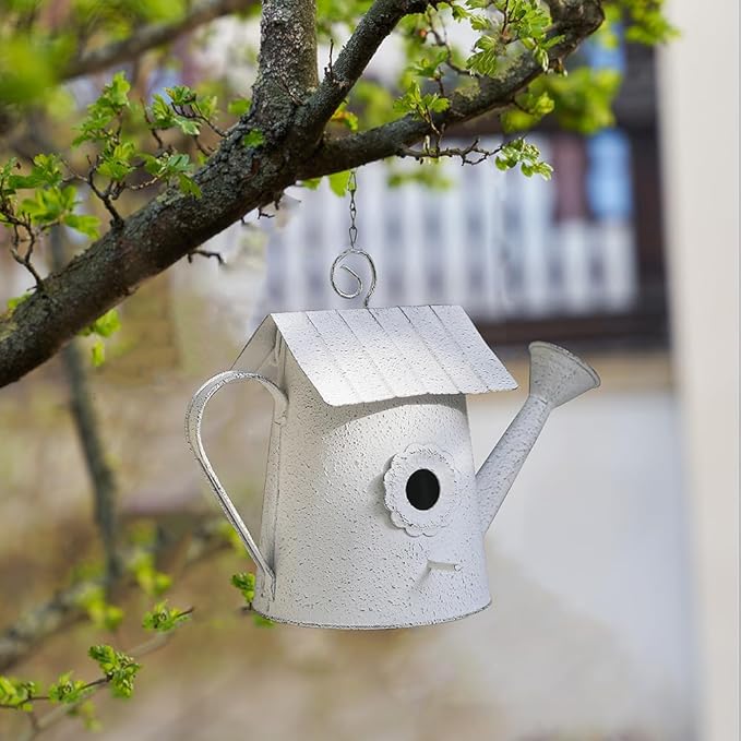 Vintage Hanging Bird Houses for Outside Metal Birds Nest Box for Bluebird Wren Chickadee Sparrow Garden Patio Outdoors Birdhouses Unique Distressed Decoration Watering Can Shape White