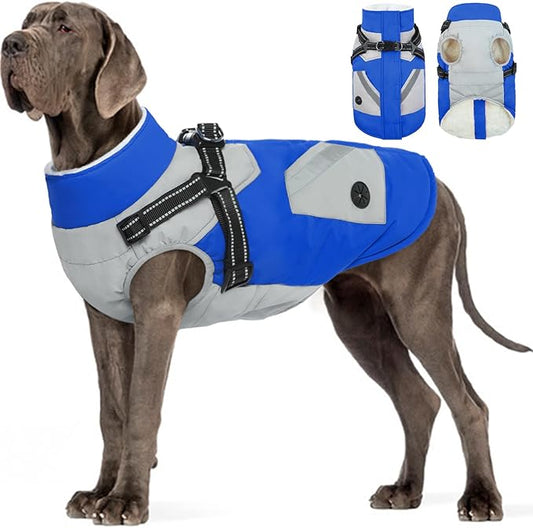 FUAMEY Dog Winter Jackets for Large Dogs,Dog Coat with Harness Built in,Waterproof Dogs Snowsuits Warm Pet Jacket Zip Up Fleece Cold Weather Coats Reflective Puppy Vest with Pocket Blue 3XL