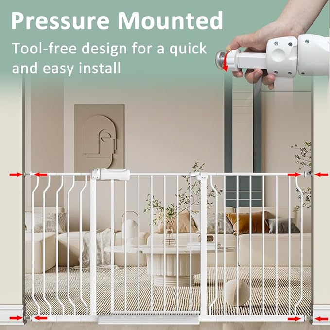 TSAYAWA Walk Through Baby Gate with Door, 53-57.48 Inch Wide Presure Mounted No Drill Metal Auto Close Child Gate for Stair Doorway - Indoor Outdoor Safty Gate for Toddler Dog Doggie, White