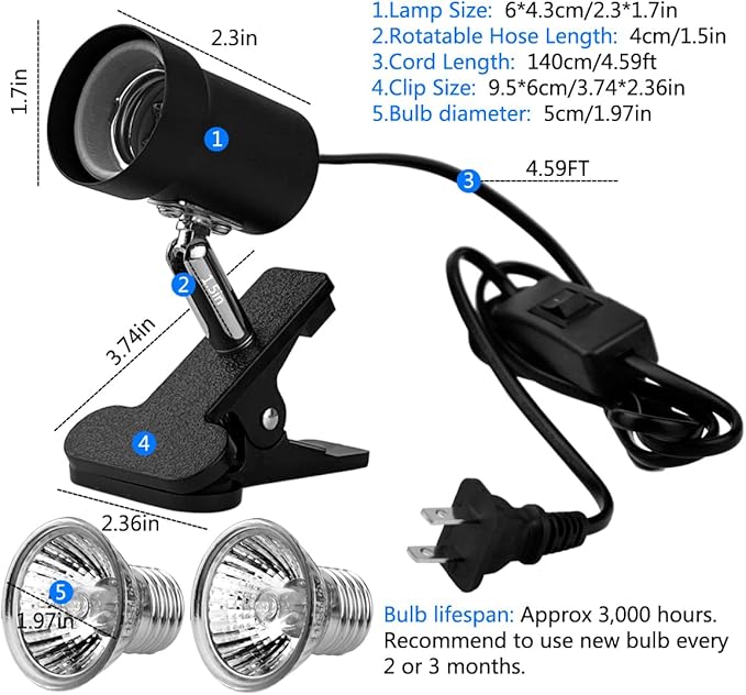 DOMICA Reptile Heat Lamp with 50W 35W UVA UVB Light Bulb, Basking Spot Light Simulated Sunlight, Heating Lamp for Turtle, Lizard, Snake, Beared Dragon, Amphibians