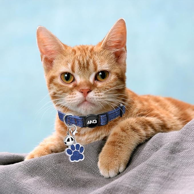 Personalized Breakaway Cat Collars - ID Tag, Bell, Bowtie - Safety Quick-Release, Customized for Girls & Boys Cats (Jean Pattern-Deep Blue)