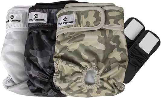 Pet Parents® Washable Dog Diapers (3pack) + Extendrs® of Durable Doggie Diapers, Premium Dog Diapers Female & Male (Small, Camo)
