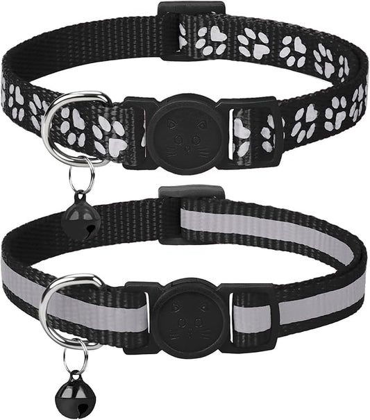 Taglory Reflective Cat Collar Breakaway with Bells, 2 Pack Girl Boy Pet Cat Collar Adjustable 7.5-12.5 Inch, Black