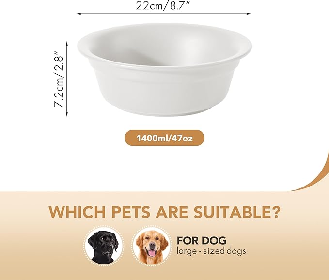 Ceramic 8.7inch Dog Bowl for Large Dogs, Basic Food and Water Bowl for Replacement, Wide Opening Rounded Edge(Single Bowls, Matt White)