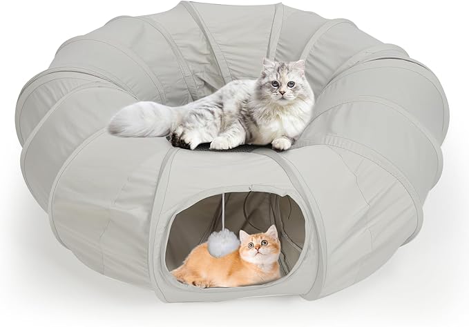 Foldable Cat Tunnel Bed for Indoor Cats, Soft Cave Cat Donut Playing Tunnels with Washable Circle Cushion, Detachable Round Pet Space Capsule Toy with Hanging Ball for Kitten Puppy Rabbit
