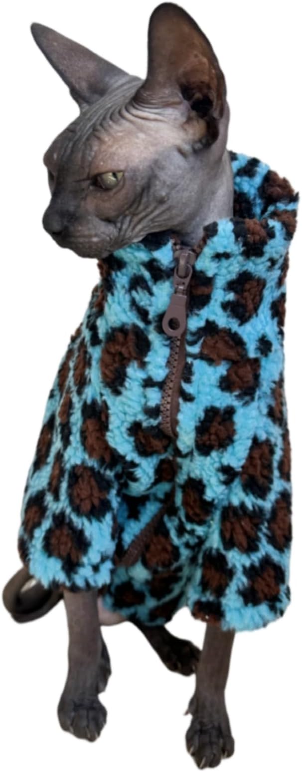 Turtleneck Sphynx Cat Winter Clothes, Double-Sided Fleece Jacket with Zipper, Sweater for Sphynx Cat Winter Warm Outfit Coat for Hairless Cats and Small Dogs Apparel with Sleeves (Leopard, Small)