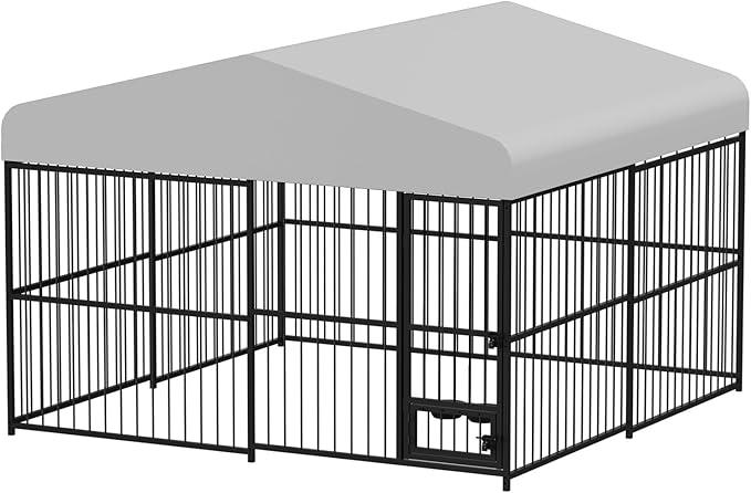 10X10x6FT Large Outdoor Dog Kennel with Swivel Feeder & UV-Resistant Waterproof Roof Covered, Heavy Duty Dog Cage Playpen for Medium and Large Dogs, Easy Assembly