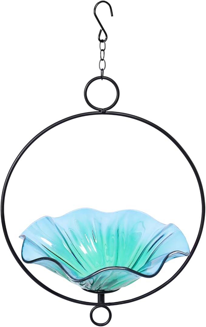 MUMTOP Hanging Bird Bath-Bird Baths for Outdoors - Flower Glass Bird Water Bowl with Hanging Circle, Bird Feeders for Outside, Garden, Lawn Yard Decor(Cyan)
