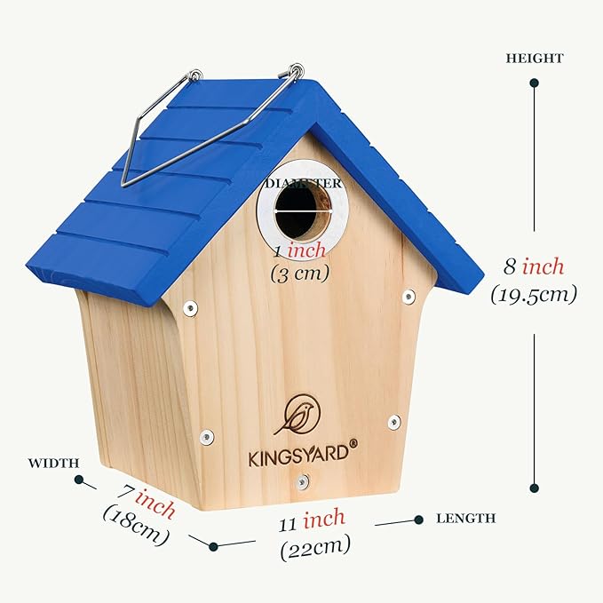 Kingsyard Wooden Wren House with Predator Guard, Bird Nesting for Outdoor, Garden Patio Nest Box Birdhouse for Wild Bird Watching, Royal Blue