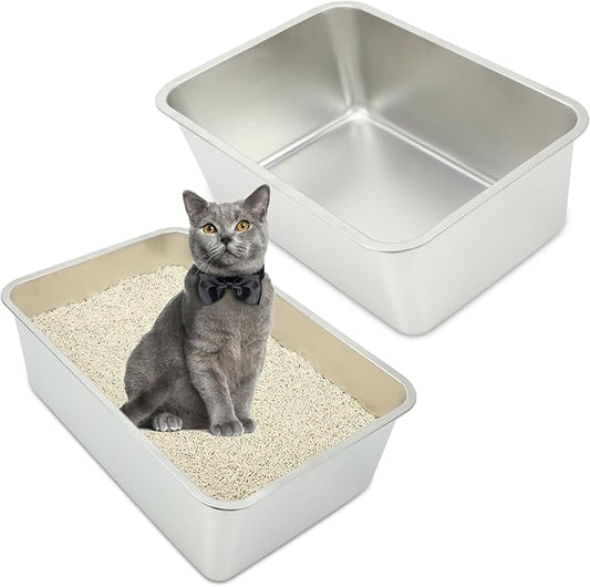 Rypet 2Packs Stainless Steel Litter Box Metal Litter Box for Cats High Back Litter Boxes Non-Stick Cat Poop Box,Easy to Clean(23.6"*15.8"*7.9")