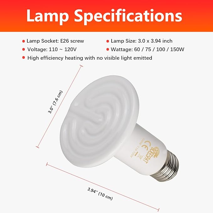 Energy Efficient 75W Reptile Heat Bulbs, Pack of 2 Ceramic Heat Emitters for Reptile Geckos, Bearded Dragon, Lizard, Iguana & Small Pets (White, 75 Watts)