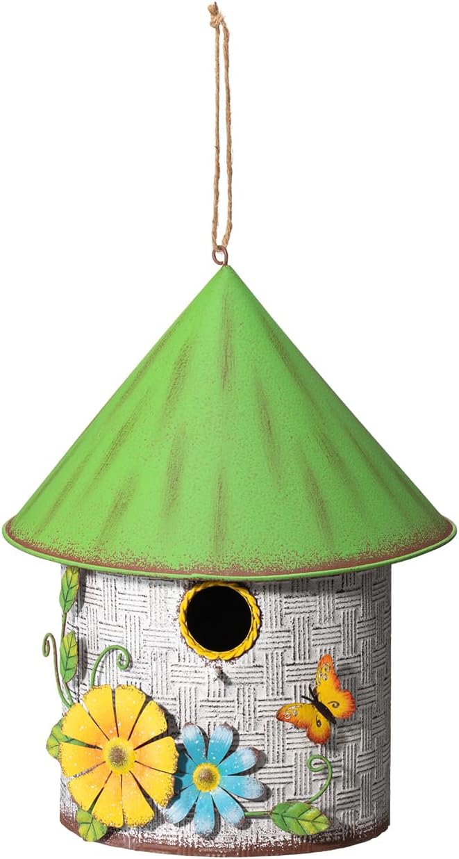 Glitzhome Bird Houses for Outdoors, Blue Bird House for Outside, 11" H Stylish Distressed Metal Cottage Decorative Birdhouse with a Cluster of 3D Flowers and Butterfly for Garden Patio Backyard