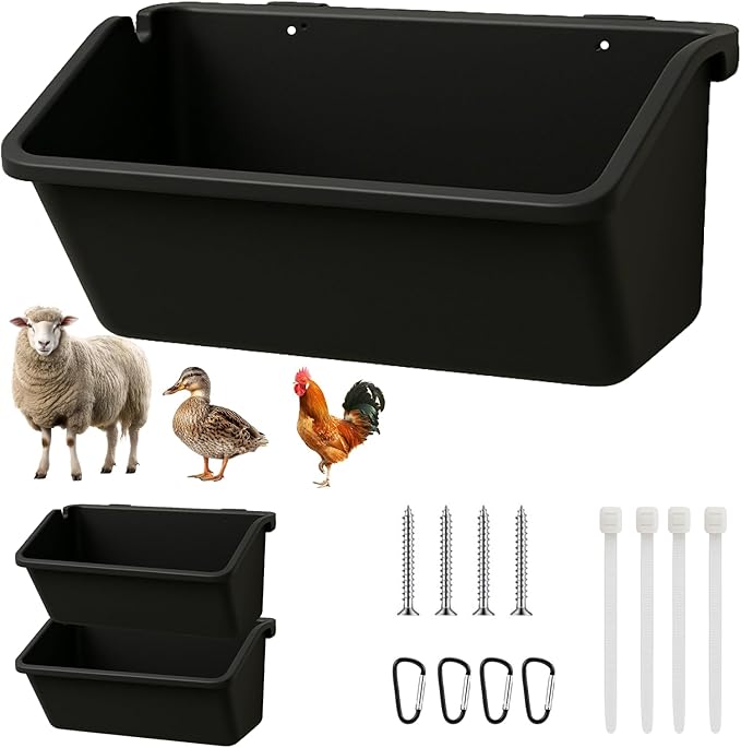 Hanging Chicken Feeder Troughs (2Pack, 5 Qt) – Durable Black Plastic Poultry Feed & Water Buckets with Metal D‑Clips, Multi‑Animal Goat, Sheep, Duck, Pig, Horse, Chicken Coop Feeder
