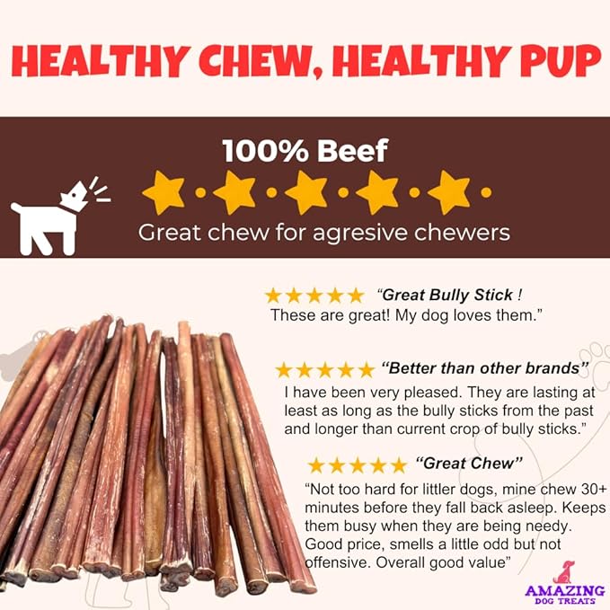 Amazing Dog Treats - Bully Sticks for Small Dogs (12 Inch Small- 30 Count) - Premium Thin Junior Bully Sticks for Dogs