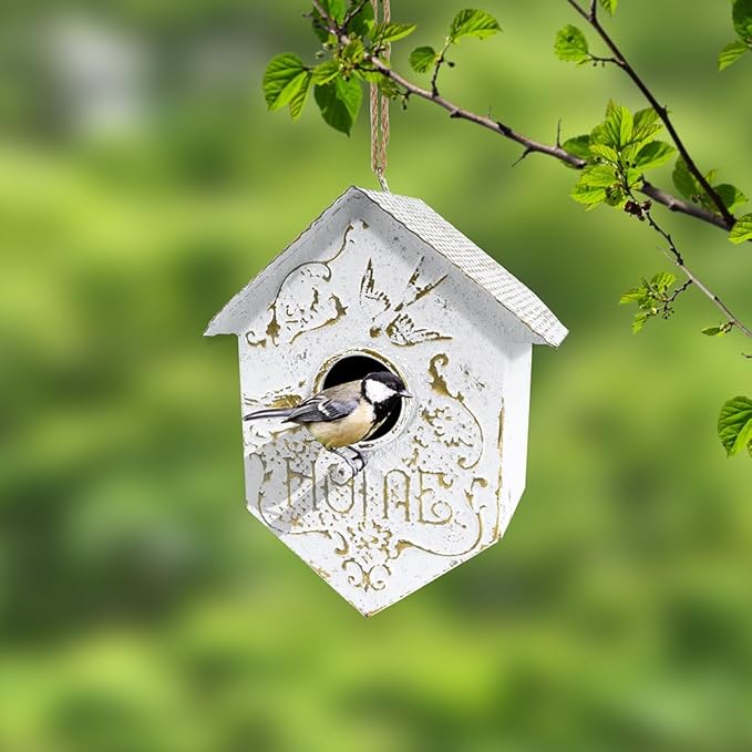 Vintage Hanging Bird Houses for Outside Metal Bird Nest Box for Bluebird Wren Chickadee Sparrow Garden Patio Outdoors Birdhouses Unique Distressed White Decoration