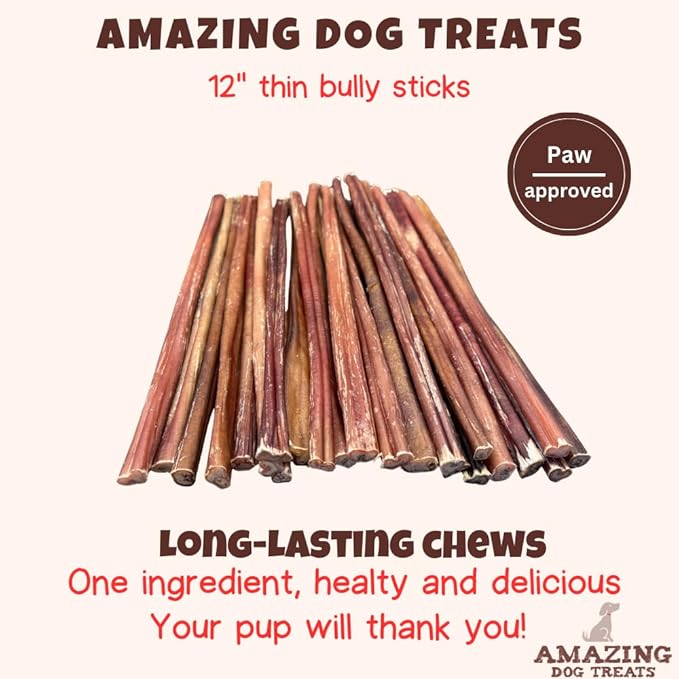 Amazing Dog Treats - Bully Sticks for Small Dogs (12 Inch Small- 30 Count) - Premium Thin Junior Bully Sticks for Dogs