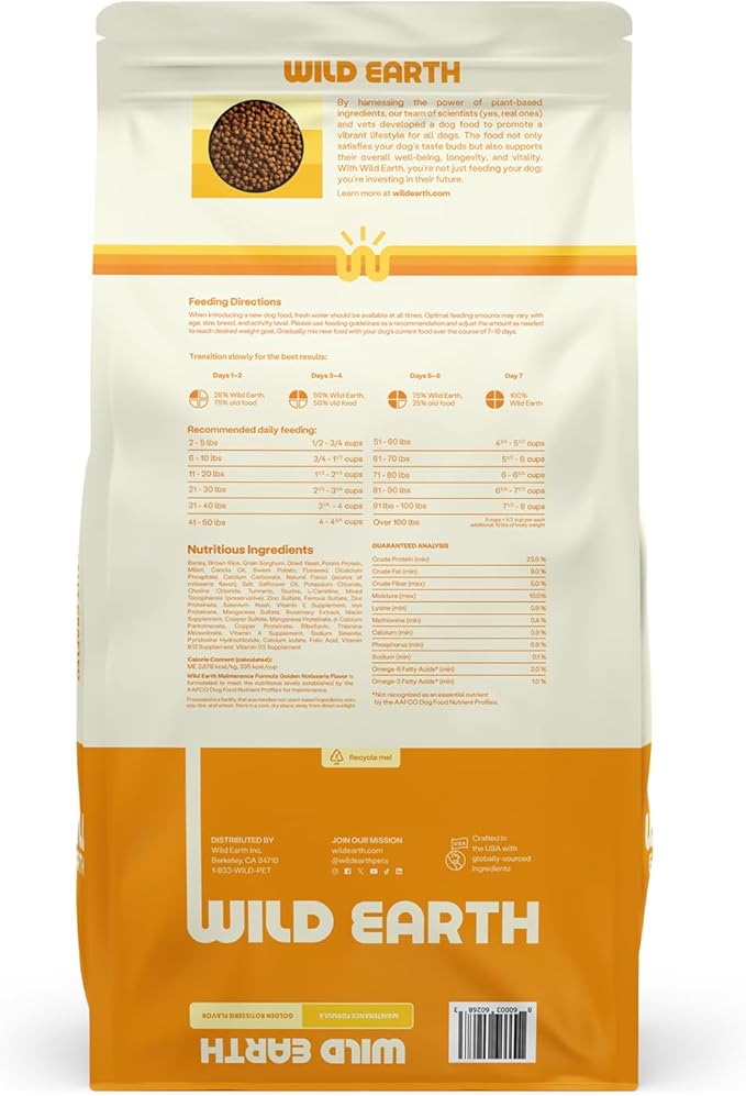 Wild Earth Vegan Dry Dog Food | Plant-Based Maintenance Formula | Vegetarian, Allergy Relief, Veterinarian-Developed for Complete Nutrition | Golden Rotisserie Flavor, 28 Pound Bag