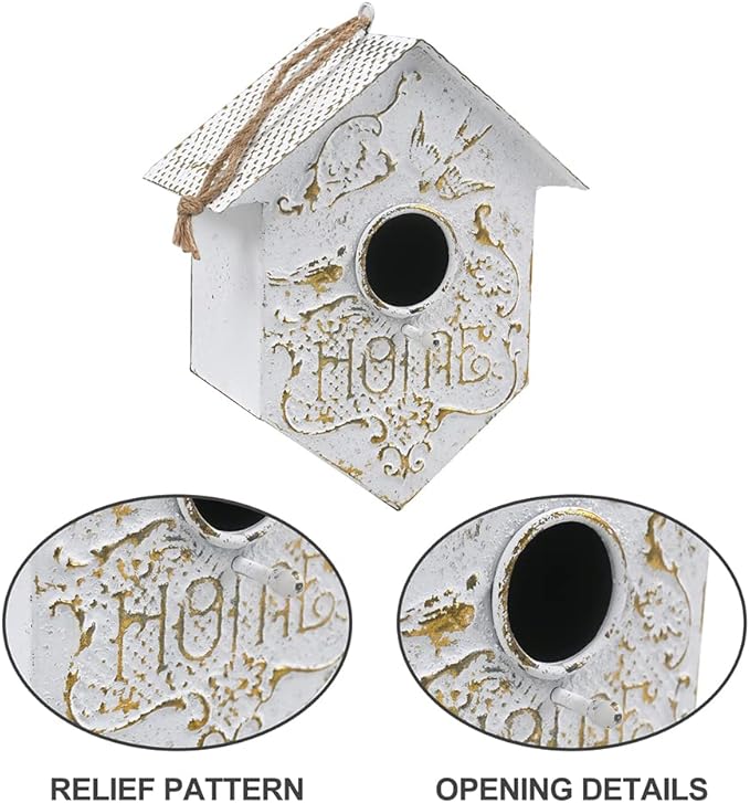 Vintage Hanging Bird Houses for Outside Metal Bird Nest Box for Bluebird Wren Chickadee Sparrow Garden Patio Outdoors Birdhouses Unique Distressed White Decoration