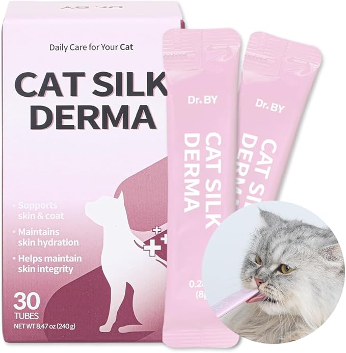 Dr.by Cat Silk Derma Lickable Feline Skin and Coat Supplement - Dandruff Treatment & Itchy Skin Relief Allergy Support for a Glossy Coat Immune Boosting Formula - 30 Individual Treat Tubes