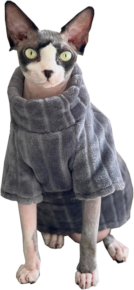 Turtleneck Sweater for Sphynx Cat Soft Coral Fleece Cat Clothes Thick Winter Warm Outfit Coat for Hairless Cats and Small Dogs Apparel with Sleeves (Grey, S (3-5 lbs))