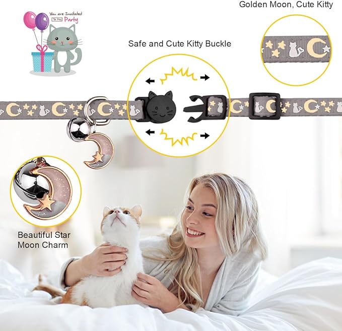 4PCS Cat Collar with Bells,Breakaway Cat Collars,Kitten Collar with Bell Moons Stars Cute Kitty Safe Kitten Collars with Pendant,Cat Collars for Boy Cats 6.9-10.7 Inch(Black&Grey&Deep Green&Orange)