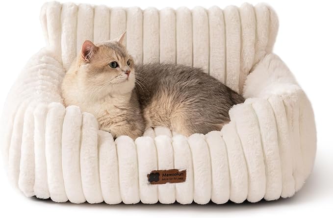 MEWOOFUN Dog Couch Bed, Fluffy Small Dog Bed with Removable Washable Cover, Supportive Cat Couch for Cats & Dogs up to 25 lbs (Beige, 30x21x12)