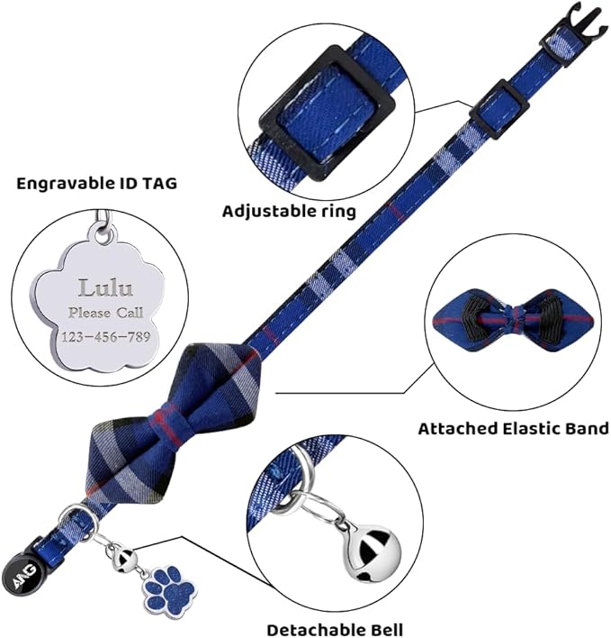Personalized Breakaway Cat Collars - ID Tag, Bell, Bowtie - Safety Quick-Release, Customized for Girls & Boys Cats (British Tartan-Blue)