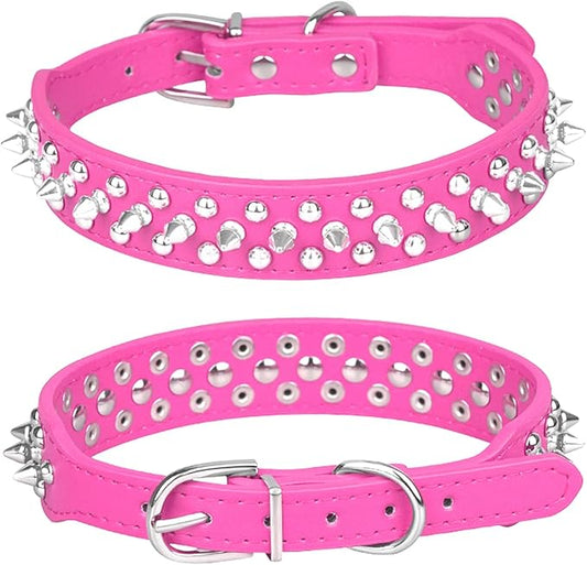 Spiked Dog Collar, Mushrooms Rivet Studded Adjustable Pu Leather Pet Collars for Cats Puppy Dogs (S, Hot Pink)