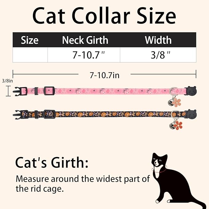 Cat Collar Breakaway, 2 Pack Cotton Cats Collars with Bells, Cute Flowers Shaped for Girl Boy Kittens, Pink and Orange