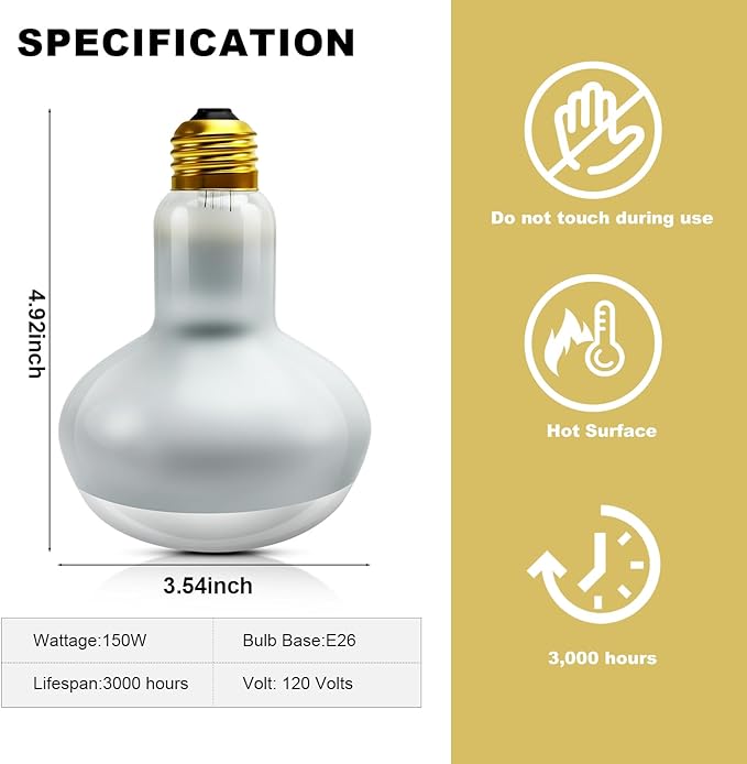 MIXJOY 150W Reptile Heat Lamp Bulb, 2Pack Reptile Basking Spot Light, Upgraded Intense Heat Basking Bulb, UVA Daylight Heat Lamp Bulbs for Reptiles, Bearded Dragon, Lizard, Tortoise, Chicken