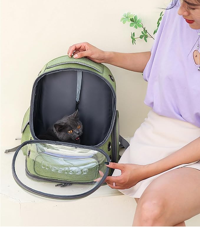 Cat Bubble Backpack,Breathable Cat Backpack Carrier Large Space Pet Travel Carrier for Kitty Small Dogs up to 15lbs,Transparent Cat Carrier for Hiking Camping Outdoor Travel (Green)