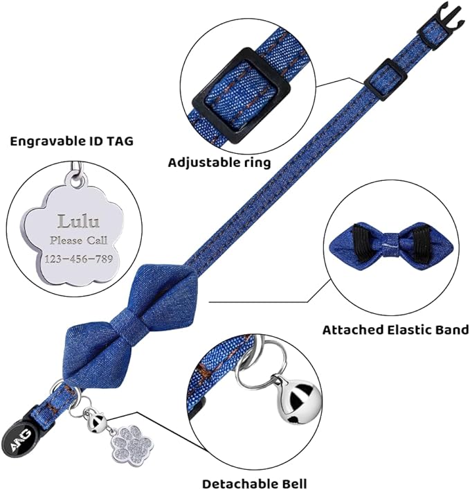 Personalized Breakaway Cat Collars - ID Tag, Bell, Bowtie - Safety Quick-Release, Customized for Girls & Boys Cats (Jean Pattern-Deep Blue)