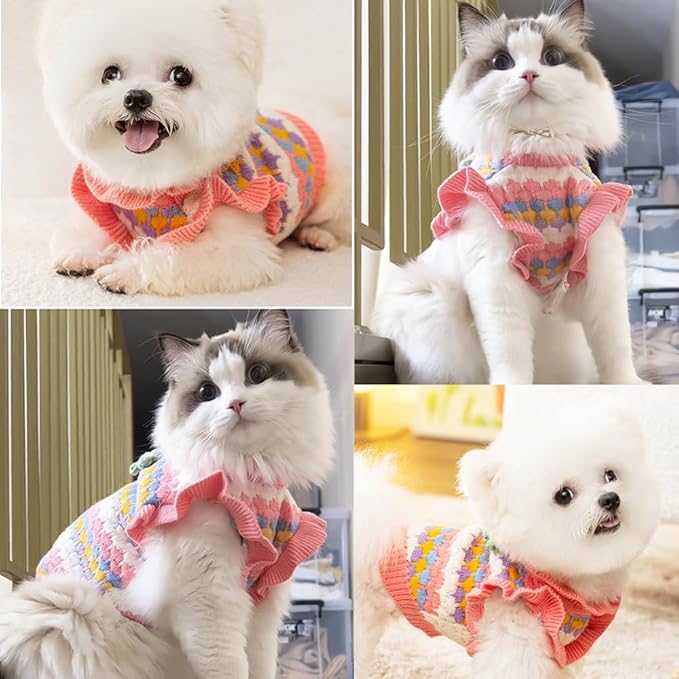 Dog Sweater, Knitted Tulip Cat Sweater, Warm Thick Holiday Puppy Clothes for Girl, Cold Weather Outfit for Kitten Chihuahua Yorkie Teacup Dachshund Pug (Pink, Small)