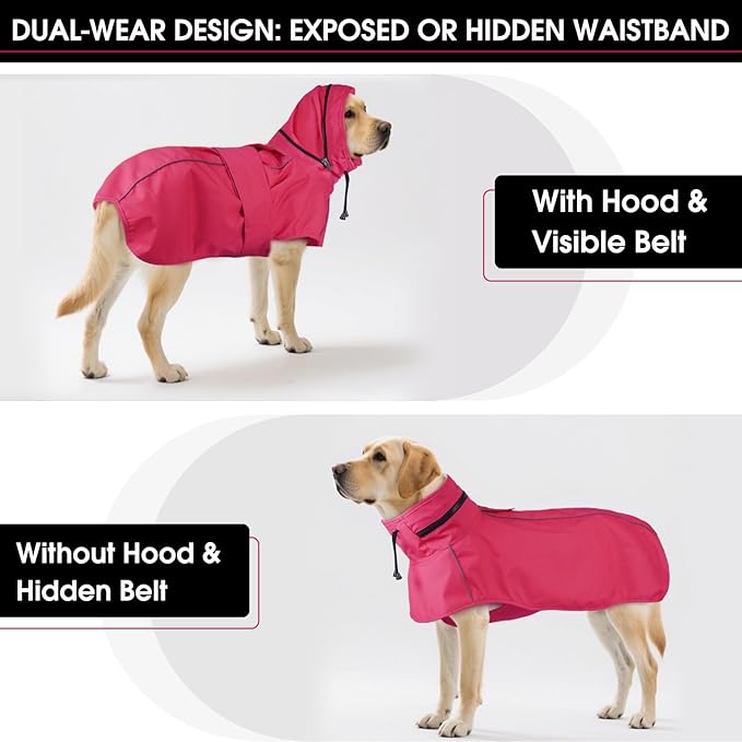 Dog Raincoat XL, Waterproof Rain Jacket for Dogs with Hood and Leash Hole, Reflect Strips, Ideal for Rain, Snow, Windy Weather & Outdoor Walks, Camping, Hiking - Pink