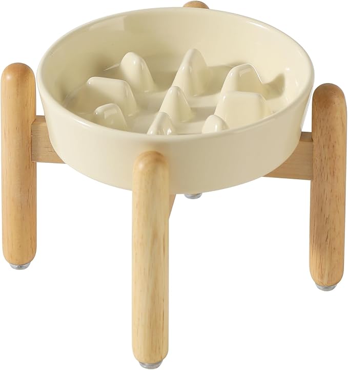 7.3inch Ceramic Dog Raised Slow Feeder Set, Elevated Bowl with Wooden Stand for Medium and Small Dog, Slow Feeder Dish for Fast Easters, Preventing Choking(Beige, Single Bowl+ Stand)
