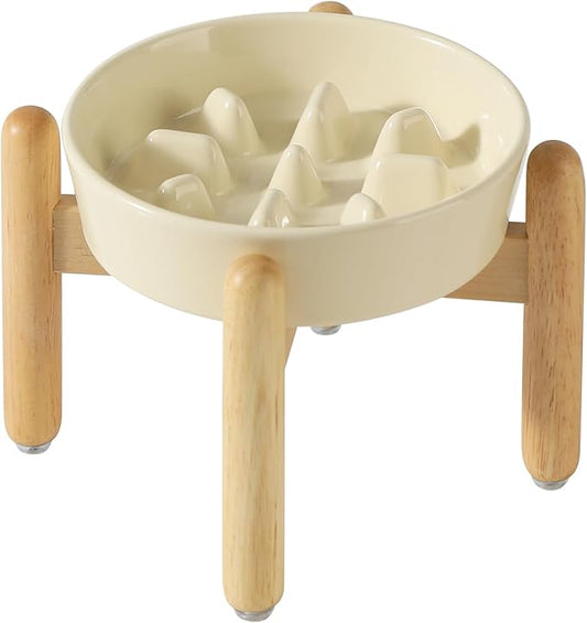 7.3inch Ceramic Dog Raised Slow Feeder Set, Elevated Bowl with Wooden Stand for Medium and Small Dog, Slow Feeder Dish for Fast Easters, Preventing Choking(Beige, Single Bowl+ Stand)