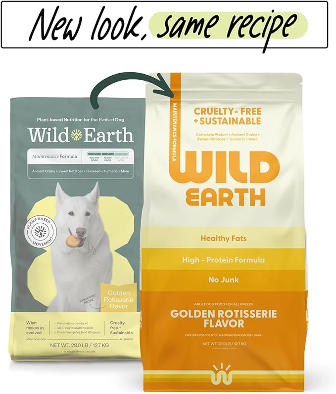 Wild Earth Vegan Dry Dog Food | Plant-Based Maintenance Formula | Vegetarian, Allergy Relief, Veterinarian-Developed for Complete Nutrition | Golden Rotisserie Flavor, 28 Pound Bag