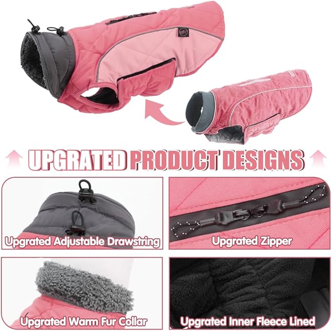EMUST Winter Dog Coats, Fleece Dog Apparel for Cold Weather, British Style Windproof Warm, Mix-Pink, XS