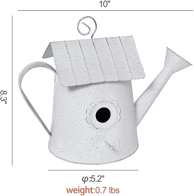 Vintage Hanging Bird Houses for Outside Metal Birds Nest Box for Bluebird Wren Chickadee Sparrow Garden Patio Outdoors Birdhouses Unique Distressed Decoration Watering Can Shape White
