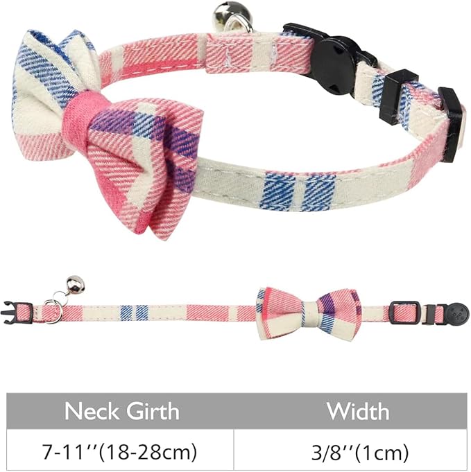 Joytale Upgraded Cat Collar with Bells, Breakaway Cat Collars with Bow Tie, 1 Pack Girl Boy Safety Plaid Kitten Collars, Pink