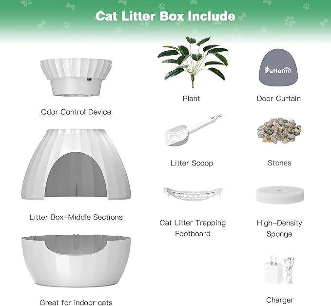 Plant Litter Box Equipped with Odor Removal System,Hidden Cat Planter Litter Box Enclosure for Big Cats,Enclosed Secret Cat Litter Box with Artificial Plant & Cobblestone,Easy to Clean and Assemble