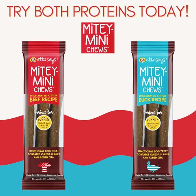 etta says! Mitey Mini Chews Dog Treats - Made in The USA - Grain-Free and Odor-Free - All-Natural Dog Chews - Perfect for Puppies and Senior Dogs - with Omega 3, 6, and 9 - Beef - 6 Pack