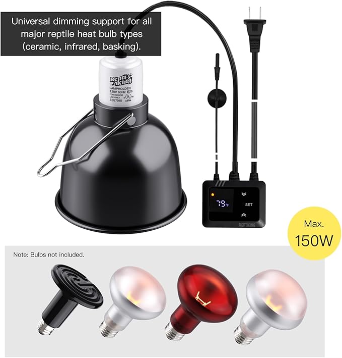 Reptile Heat Lamp Fixture with Dimming Thermostat - 5.5'' Light Dome with PID Thermostat, for Ceramic Heat Emitter & Basking Light Bulb, for Bearded Dragon, Snake, Tortoise, Lizard Tank Accessories