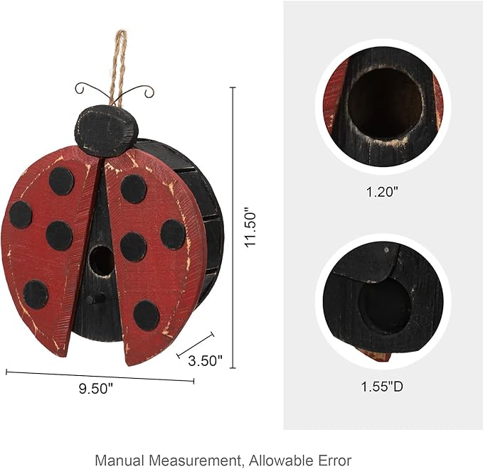 Glitzhome 11.5" H Distressed Solid Wood Ladybug Birdhouse Garden Hanging Bird House for Outdoors