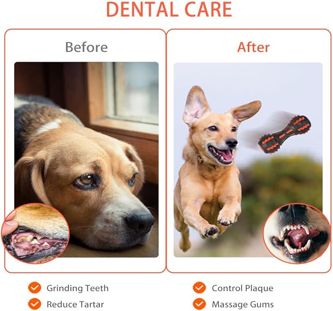 AUSCAT Teething Dog Toys, Durable Squeaky Dog Toys, Rubber Chew Toys for Dogs, Dumbbell Shape, Black