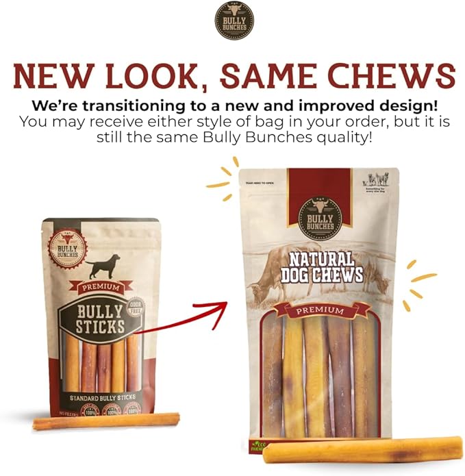 Bully Bunches Premium 12 Inch Standard Odor-Free Bully Sticks for Small & Medium Dogs - Long Lasting Chew Bones - All Natural & Single Ingredient, 100% Beef Dog Treat, Rawhide Free (20 Pk)