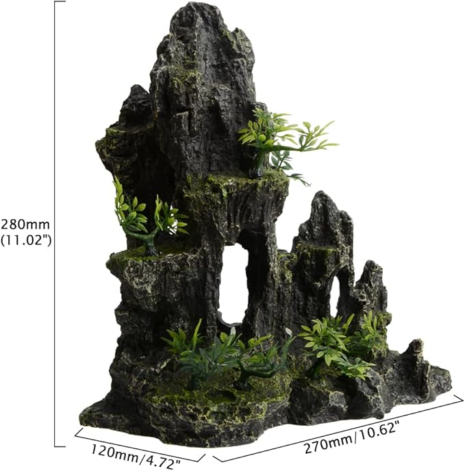 AnRui Large and Tall Aquarium Mountain View Stone Decorations Resin Betta Rock Aquascaping Hiding Cave Ornaments Fish Tank Accessories Decorations with Small Plants