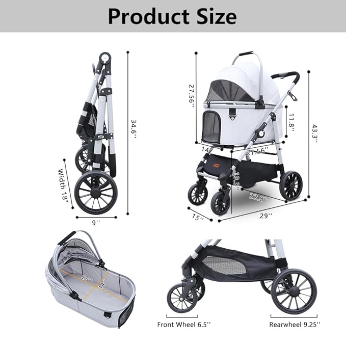 Dog Cat Stroller, Foldable 4 Wheels Dog Stroller for Small Medium Dogs 20 lbs,Pet Strollers for Large Dogs 50lbs, Stable Anti-Shock Detachble Carrier,with 360°Swiveling Front Wheel forTravel