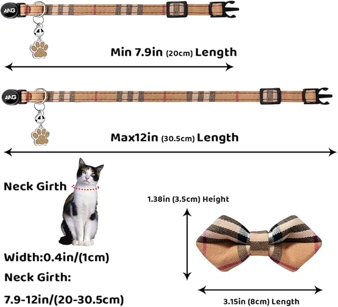 Personalized Breakaway Cat Collars - ID Tag, Bell, Bowtie - Safety Quick-Release, Customized for Girls & Boys Cats (British Tartan-Brown)