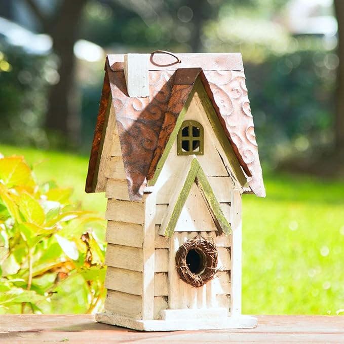 Glitzhome 12" H Washed White Distressed Solid Wood Cottage Birdhouse Hanging Bird House for Outdoors